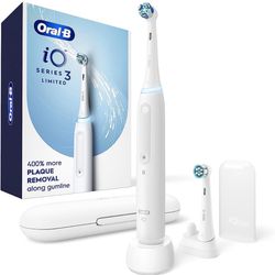 Oral-B iO Series 3 Limited Rechargeable Electric Powered Toothbrush, White with 2 Brush Heads and Travel Case - Visible Pressure Sensor to Protect Gum