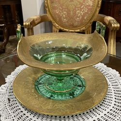 Elegant Imperial Glass Rambler Rose Etch 3 pcs. Set Green Bowl 1920’s🌷