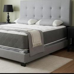 Brand New Queen Size Gray Linen Bed Frame With New Mattress/Fast Delivery 