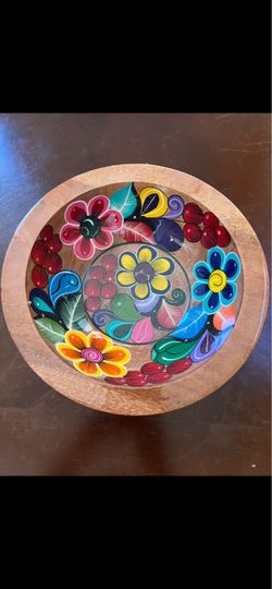 Hand Painted Mexican Wooden Fruit Bowl – 10”