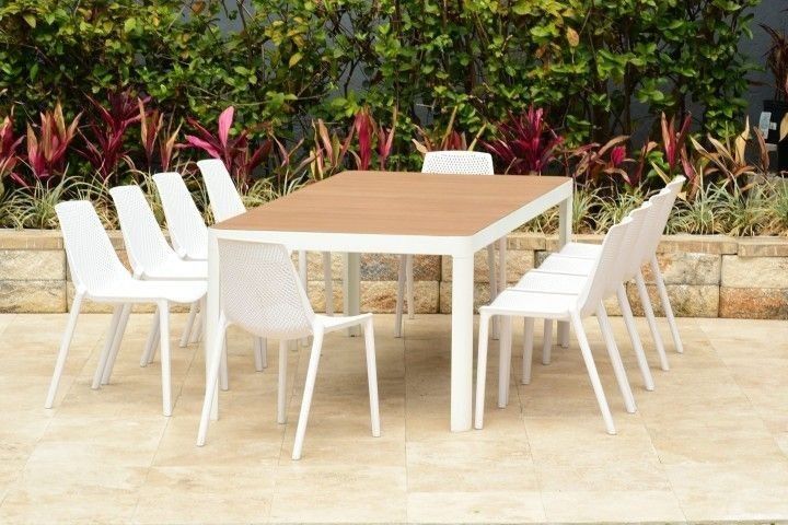 BRAND NEW 11 Piece Aluminum & Resin Patio Dining Set - White Stackable Chairs & Rectangular Table Furniture Set