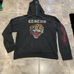 ED HARDY LEGEND HOODIE LARGE L MENS GRAY TIGER SWEATSHIRT PULLOVER Y2K VINTAGE
