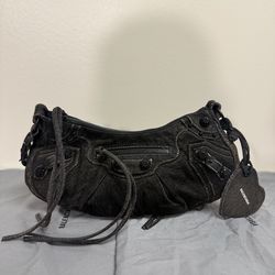 BALENCIAGA LE CAGOLE SMALL EMBELLISHED DENIM SHOULDER BAG