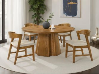60” Round Dining Table w/ 4 Wooden/Fabric chairs