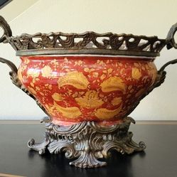 Wong Lee WL 1895 Red Gold Floral Porcelain Bronze Centerpiece Bowl 19" Long