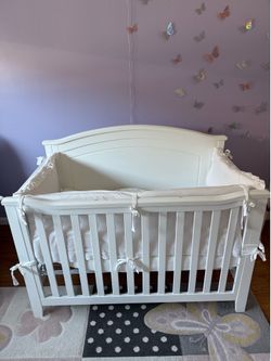 Solid wood, white baby crib with premium mattress and protector