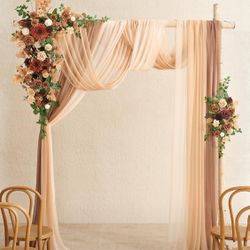 Ling's Moment Deluxe Wedding Arch Flowers with Sheer Drapes Kit - Artificial Walnut Brown Floral Arrangements for Ceremony Backdrop, Garden Arbor Deco