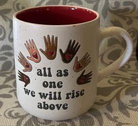 Inspirational Ceramic Mug with Multicolor Hands, “all as one we will rise above”