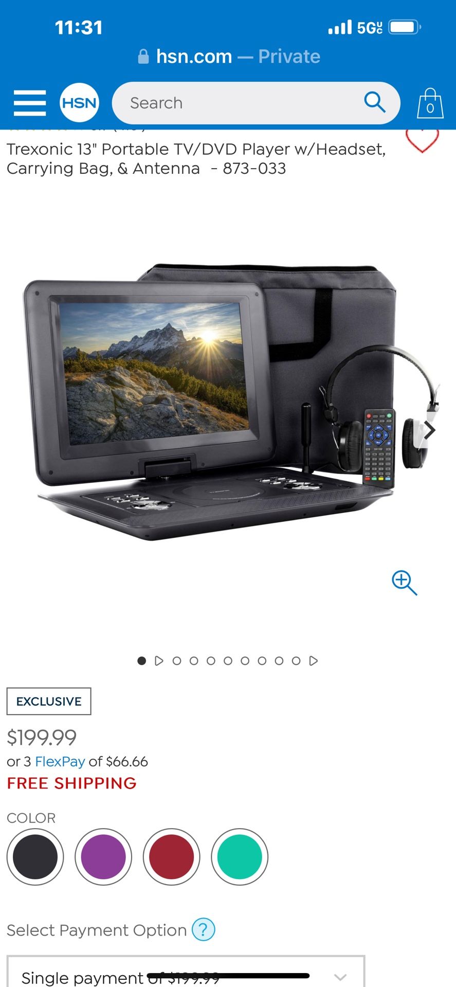 Trexonic 13" Portable TV/DVD Player w/Headset, Carrying Bag, & Antenna - 873-033