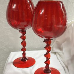 Schmidt Heritage Glass Mid-Century Empoli Ruby Red Optic Twisted Stem Compote/Bowl/Goblet (2)
