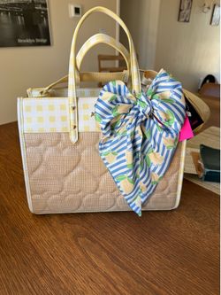 NEW Betsey Johnson Straw Purse w/ Yellow Gingham & Lemon Scarf