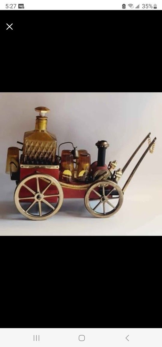 Vtg Municipal Fire Dept Musical Wagon Decanter and 5 Shot Glass Set FD 102
