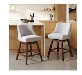 Swivel Bar Stools Set of 2,Counter Height Bar Stools with Thick Back and Wood Legs,26.6" Linen Fabric Upholstered Barstools for Kitchen Island,Bar,Din