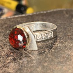 Men’s Ring Red Garnet Sterling Silver W/ 3 Diamonds
