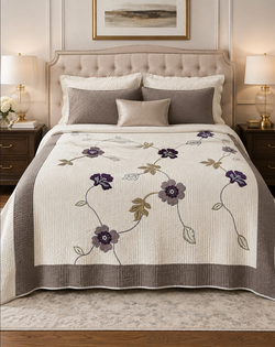 KEECO Floral Quilt Coverlet 92x96 Purple Gray Cream Embroidered Cotton Blend