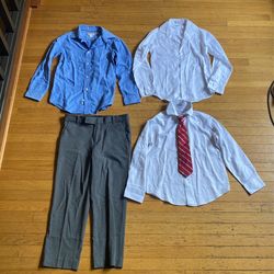 Boys Dress Calvin Klein Pant, 2 White, 1 Blue Dress Shirt And Slip On Tie Size 8
