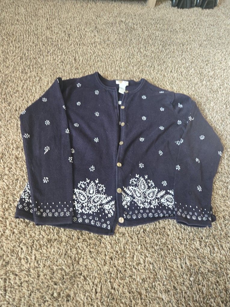 Vintage Talbots Embroidered Cotton Cardigan – Navy & White (Made in Hong Kong)
