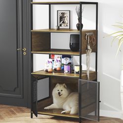 Industrial Bookshelf with Dog Crate, for Medium Dog, Cat Litter Box Furniture