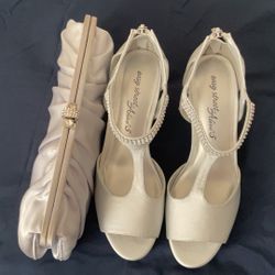 Brand New Silver Satin And Rhinestones Evening Heels Includes Matching Clutch Handbag