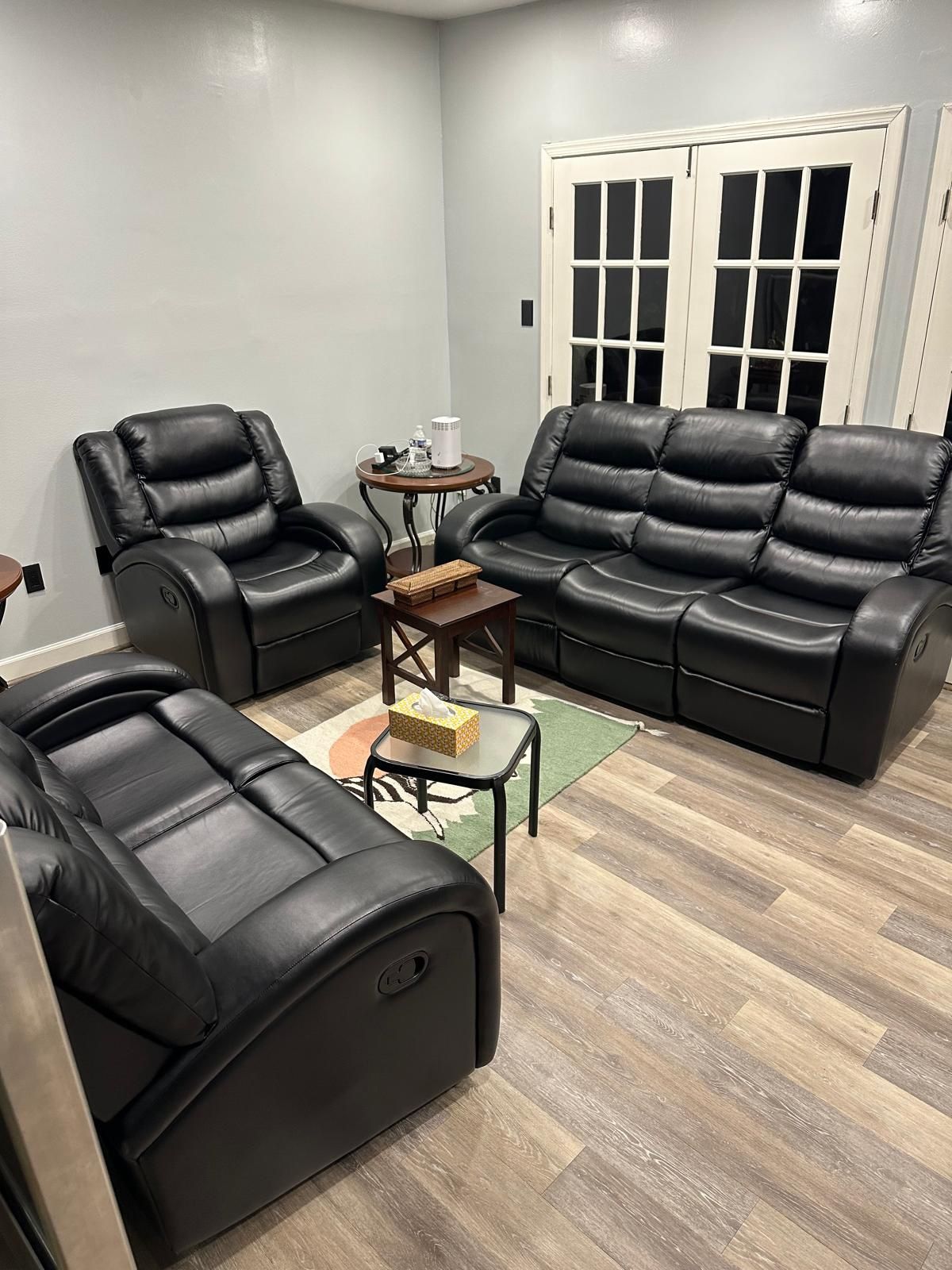 Recliner sofa, loveseat, plus chair