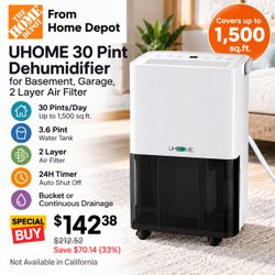 30 Pint Dehumidifier for Basement/Garage – Covers 1,500 Sq Ft, Drain Hose Included