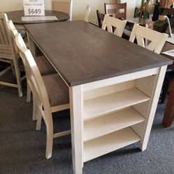 Brand New Gray/White Counter High Storage Dining Table + 4 Gray Linen Chairs