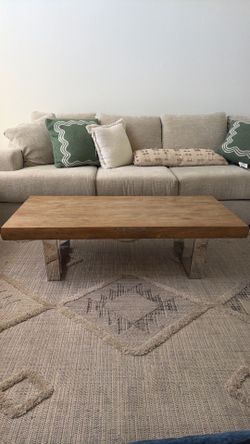 Solid Wood Slab Coffee Table – Chrome V-Leg Base, Modern Rustic