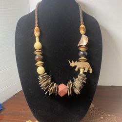 Vintage Wooden Necklace With Hand Carved Rhino N-2501
