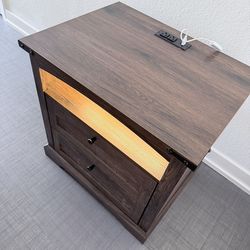 Nightstand with Charging Station, USB and Type-C Ports, Vintage End Table with 2 Drawers, LED lights