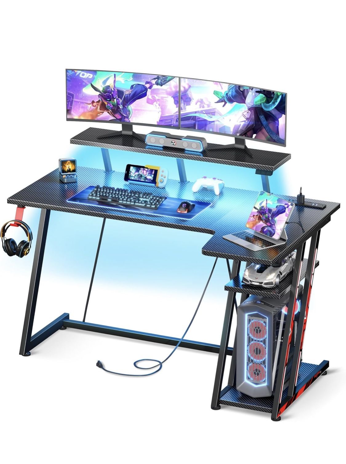 Gaming Desk with LED Lights & Power Outlets, 47 Inch L Shaped Computer Desk with Storage Shelf