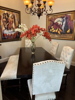 Elegant Dark Wood Dining Table Set w/ Tufted Chairs (6-Piece)