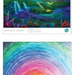 Buffalo Games 1500-Piece Jigsaw Puzzle Lot (2) — Rainbow Sunrise & Enchanted AurTwo 1500-piece jigsaw puzzles from Buffalo Games, sold as a bundledora