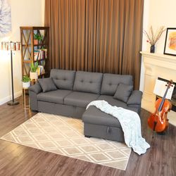 97" x 59" 3-Seats Sleeper Sectional Sofa Bed W/ Chaise Storage, Pull Out Sleeper