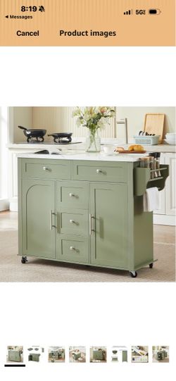 47" Kitchen Island with 2 Storage Cabinets & 5 Drawers, Green Mobile Island Table for Kitchen with Imitation Marble Drop Leaf, Rolling Island Cart wit