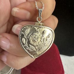 Vintage .999 Sterling Silver Heart Shaped Ingot Necklace, Double Sided, Set In A Sterling Heart Shaped Coin Bezel, 20in. 925 Chain, Beautiful 🥰