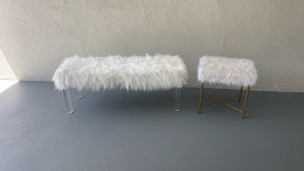 White Faux Fur Bench with Acrylic Legs and Matching Stool