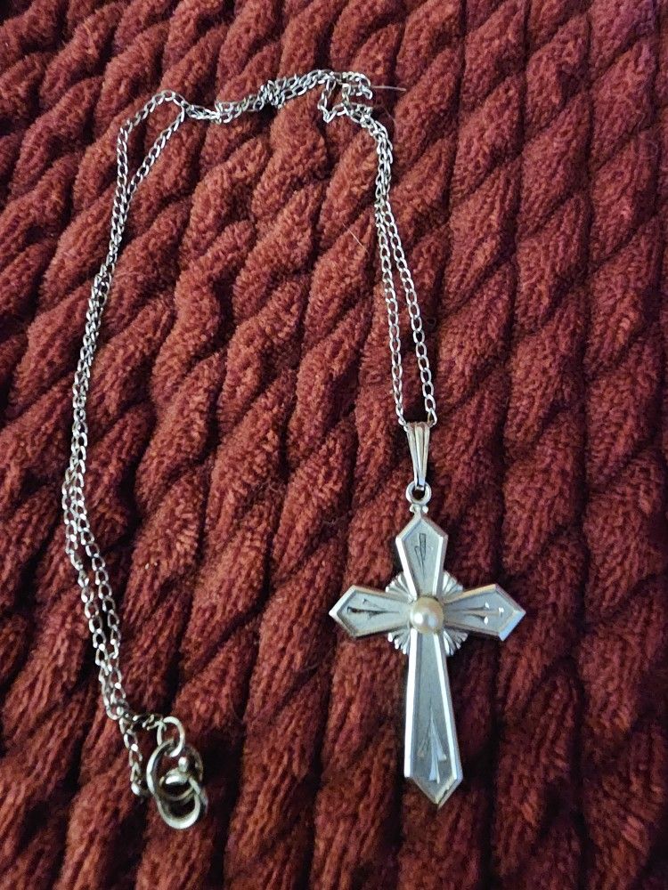 Sterling Silver Cross Necklace W/Pearl. $10