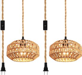 New 7.9” 2 Pack Plug in Pendant Light Rattan Hanging Lamp W Switch,Mini Boho Hand Woven Chandelier
