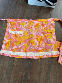 Vintage Retro Pink Orange Yellow Floral Half Apron w/ Lace