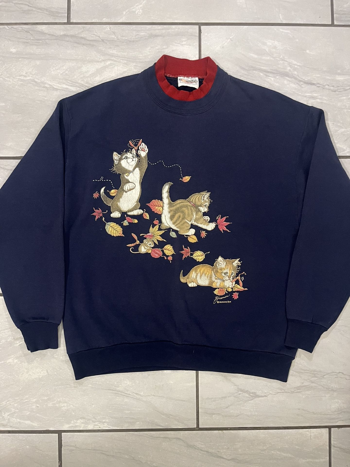 Vintage 90s Morning Sun Sweatshirt Womens Size Large Kittens Cat Navy