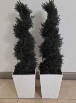*** JUST REDUCED *** PAIR of 3ft Faux Cedar Spirals in 16in White (Rattan) Planters (2 for $90) @ Lasting Creations