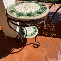 2 outdoors Mosiac tiered side tables  plant stands