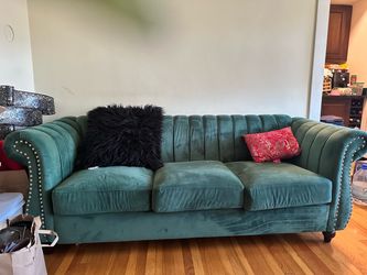 “Dalpha” Teal Velvet Channel Tufted Sofa
