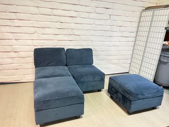 Blue  Modular Armless Loveseat W/ Storage Ottomans