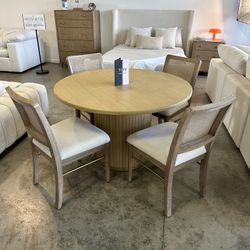 NEW Light Oak Wood Dining Table Set with  Rattan Chair + Brushed Gold Accents