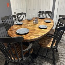 Solid Burned Pine Dining Set for 6 (chairs) with 2 Leaves Refinished-  Read Description 