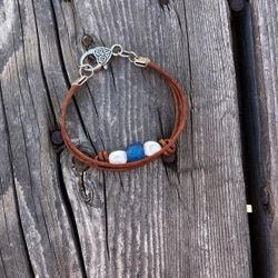 Handcrafted Triple Leather Bracelet With Pearls And   Blue SeaGlass Bracelet 