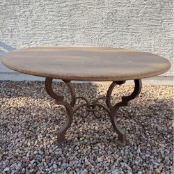 Spanish Style Stone Travertine Solid Dining Table with Heavy Metal Iron Base Outdoor Made in Mexico