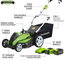 Greenworks 40V 19" Brushless Walk-Behind Lawn Mower with 4.0 Ah & 2.0 Ah Batteries & Charger