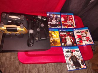 PS4 Pro console, one black DualShock 4 controller, one gold DualShock 4 controller, PS4 charging dock,with 6 games everything in GREAT condition!!!